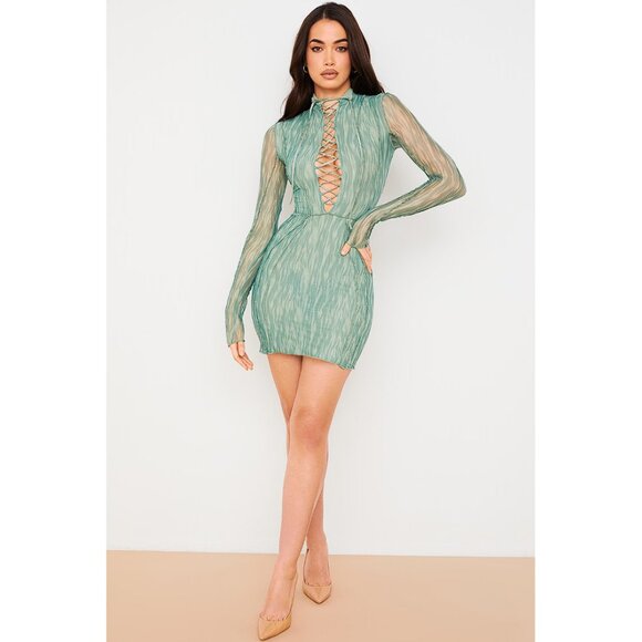 House of CB Dresses & Skirts - HOUSE OF CB Women's Dylan Ivy Printed Mesh Lace Up Mini Dress Size M